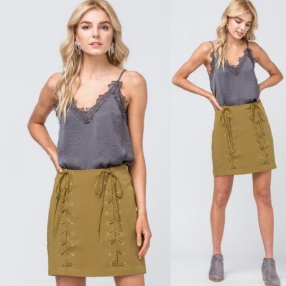 Entro Robin High Waist Lace Up Mini Skirt Olive Green Lined New Night Out Small - Picture 1 of 15